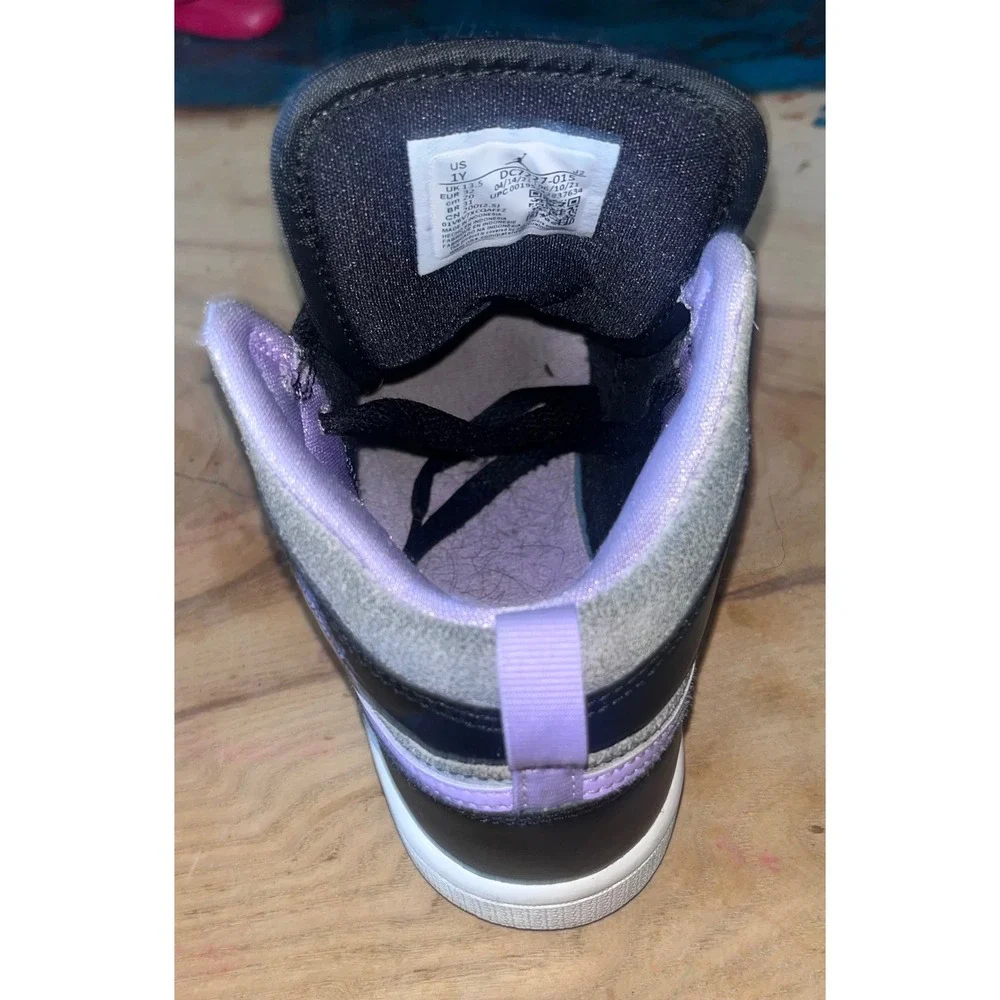 Nike Air Jordan 1 Mid Black Lilac White Plaid Sneakers DC7227-015 Kids Size 1Y